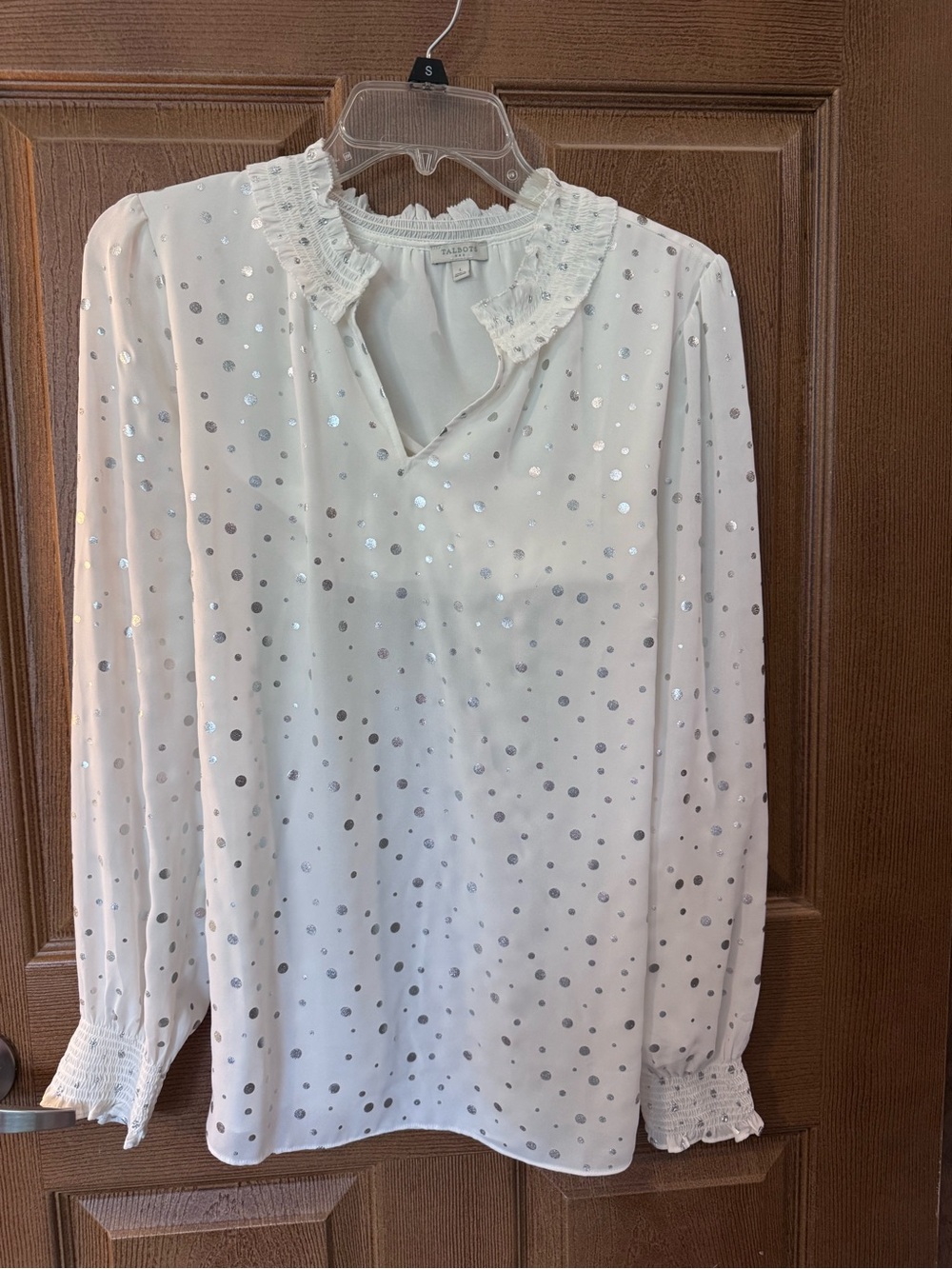 Talbots White Blouse with Metallic Silver Polka Dots and Ruffle Collar Size Larg